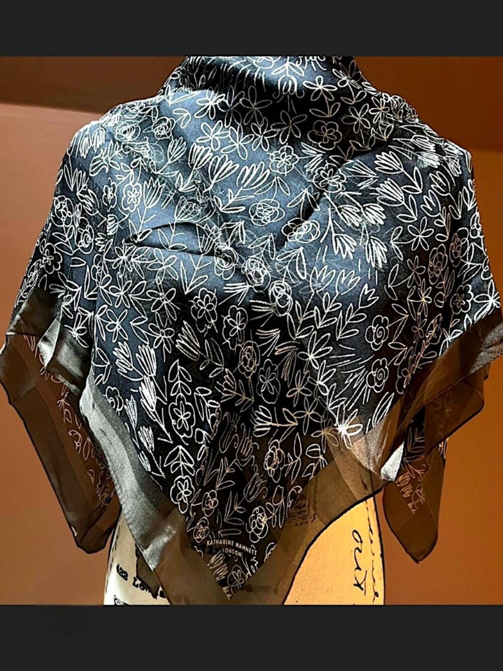 VTG Katharine Hamnett London Silk Scarf Black White Floral 90s Minimalist Japan